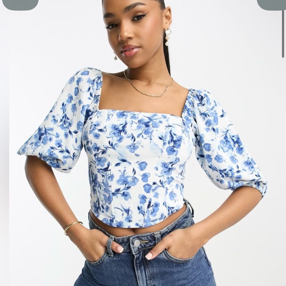 Abercrombie & Fitch White and Blue Floral Corset Puff Sleeve Blouse